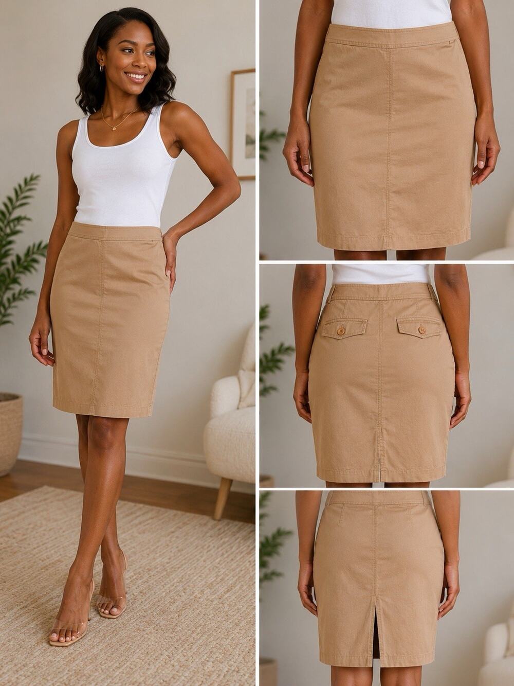 J Crew Khaki Pencil Skirt Size 0 Tan Knee Length Back Slit Career Office Classic